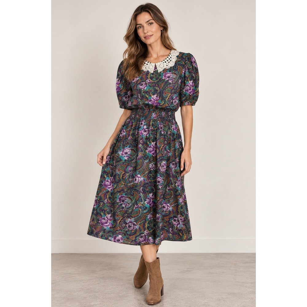 Granny Chic Cottagecore Dark Floral Midi Dress Lace Collar Petite 8